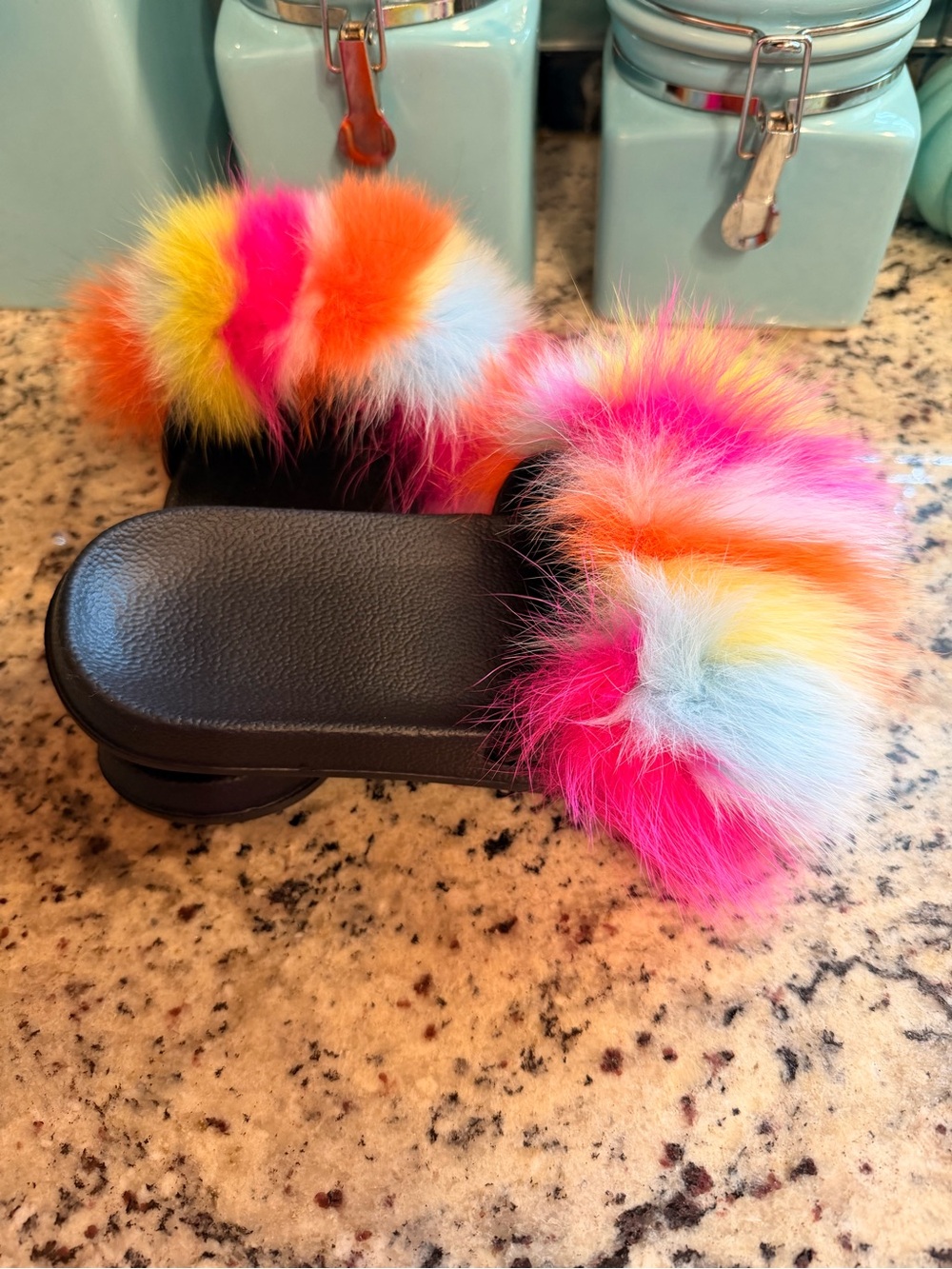 Rainbow Fur Slide Sandals - Black Base